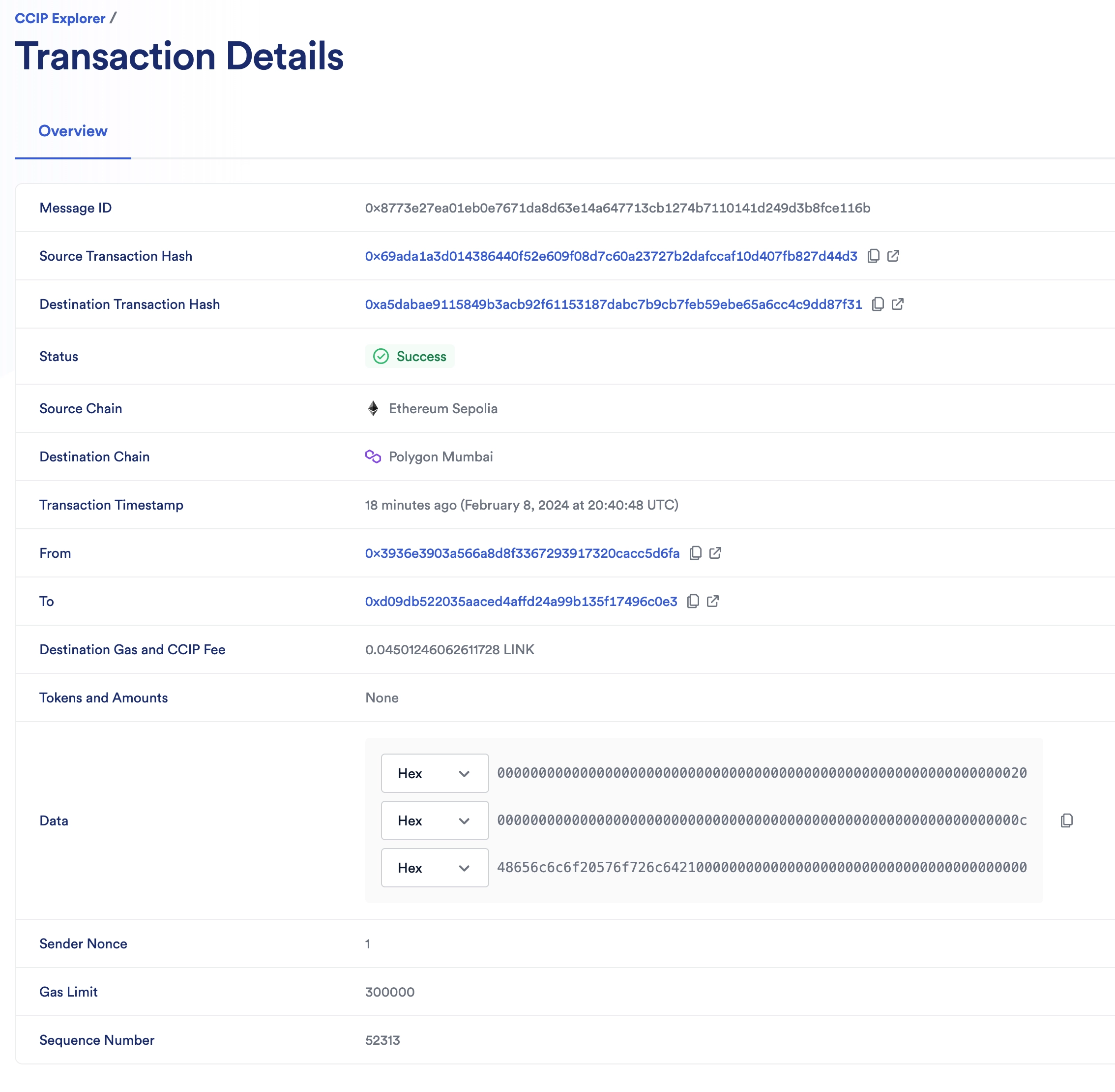 Chainlink CCIP Explorer - Sepolia to Mumbai Transaction Success